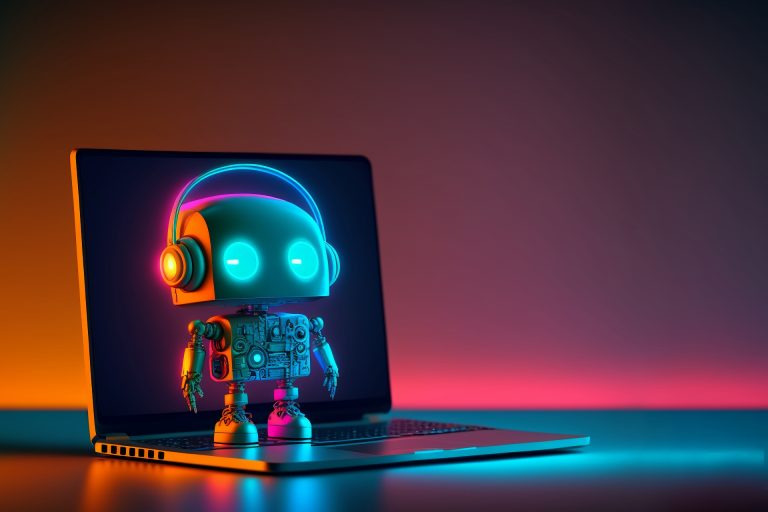 パソコンの上に立つロボット